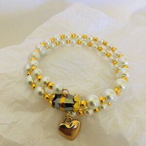 Elegant Pearl & Gold Heart Charm Bracelet